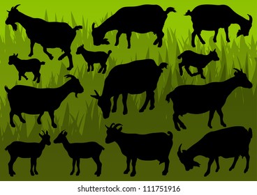 Farm dairy goats detailed silhouettes illustration collection background vector