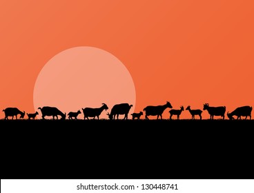 Farm dairy goats herd silhouettes landscape illustration background vector