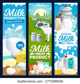 Farm dairy and milk products banners, vector farm and food yogurt and butter. Dairy farm cow and agriculture food products, natural milk in pitcher jug, butter, cottage cheese, cream and yogurt