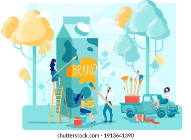 Farm Dairy Product Brand Packaging Appearance Development And Distribution. Creative People Marketer Team Working On Milk Package Label Design Painting Cardboard Box. Branding. Vector Illustration