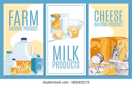 Farm dairy products cards set. Eco natural healthy food. Milk and cheese products promotional advertising banner, flyer, cover, background vector illustration