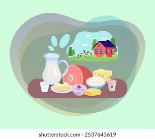 Farm and dairy products vector illustration. Milk, meat, cheese, yoghurt on table, farm house and cows on background. Organic food, fresh products concept