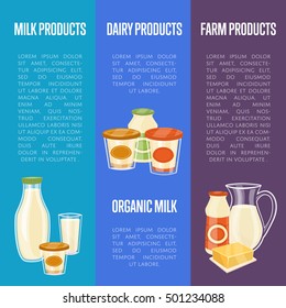 Farm dairy products vertical flyers with different milk composition isolated on color background, vector illustrations with space for text. Nutritious and healthy products. Organic farmers food.