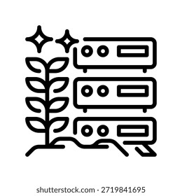 Icono de línea del servidor de datos de la granja, símbolo de esquema para almacenamiento de información, infraestructura de red, base de datos agrícola, registros digitales y administración del sistema. Icono de signo de Vector.