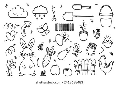 Farm Day Animals Doodle Icons Hand Made. Vector Sketch Illustration.
Set of Gardener Tools in Doodle Style