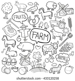 Farm Day Animals Doodle Icons Hand Made. Vector Sketch Illustration.