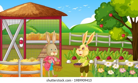 Farm at daytime scene with cute rabbit cartoon character illustration