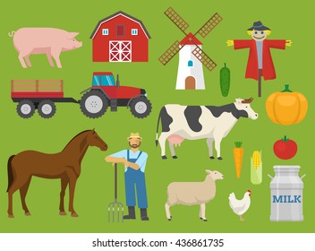 Farm decorative flat icons set with barn tractor mill animals worker on green background isolated vector illustration