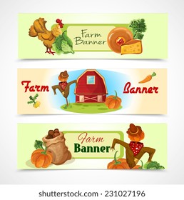 Farm decorative horizontal banners set with cow chicken house and scarecrow isolated vector illustration
