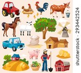 Farm decorative icon set with windmill cow pig and farmer cartoon isolated vector illustration