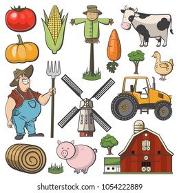 Farm decorative icon set with windmill cow pig and farmer cartoon isolated vector illustration set