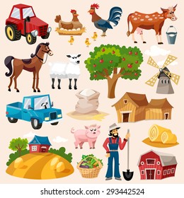 Farm decorative icon set with windmill cow pig and farmer cartoon isolated vector illustration