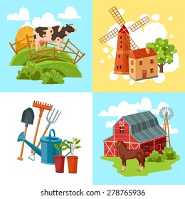 Farm design flat concept set with cow and haystack windmill and tree horse and barn and garden tools isolated  vector illustration