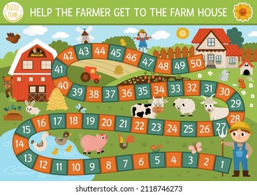 Farm dice board game for children with village landscape. Countryside boardgame with barn, garden.  Rural country activity or printable worksheet for kids. Help the farmer get to the farm house