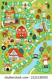 Farm dice board game for children with village map. Countryside landscape boardgame.  Rural country activity or printable worksheet for kids. Help the farmer bring fruit to the farm market