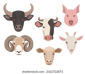 Facetten von Nutztieren oder Haustieren einzeln auf weißem Hintergrund. Set von Landtieren Kopfsymbole. Kuh, Stier, Schafe, Schwein, Stamm und Ziege. Vektorflache oder Cartoon-Illustration.