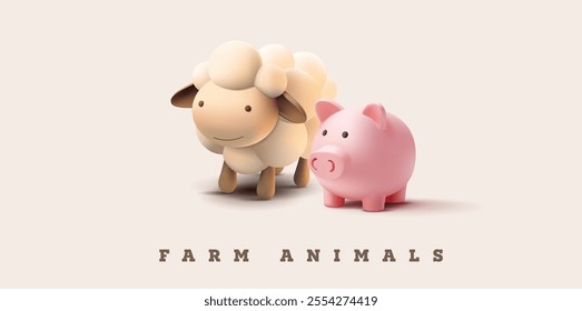 Farm domestic animals. 3D. sheep, pig, beautiful character. For farming, animal husbandry concepts. Modern banner. Vector illustration.