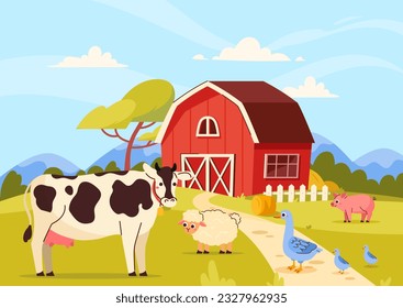 Farm with domestic animals concept. Cow, sheep, pig and geese in front of barn. Farming and agriculture, livestock and cattle. Beautiful rural landscape. Cartoon flat vector illustration