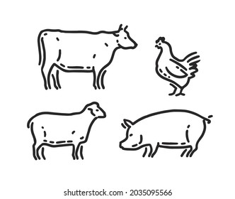 Farm domestic animals icon set in linear style. Cow, sheep, chicken, pig symbol vector illustration