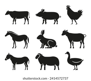 Farm and domestic animals icons, cow, pig, horse, chicken, rabbit, sheep, duck, livestock vector illustration isolated on white background