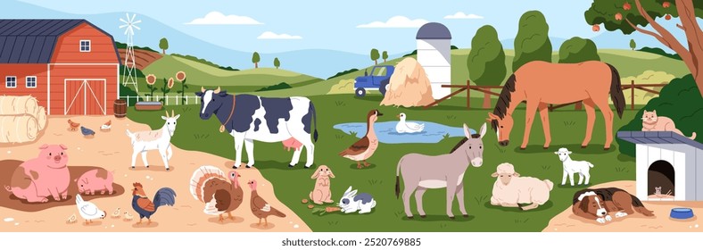 Animais domésticos da fazenda, gado no pátio rural. Fazenda, paisagem rural com fauna rural. Vaca, cavalo, aves, porco e cabra no quintal do celeiro na fazenda da aldeia. Ilustração de vetor plano