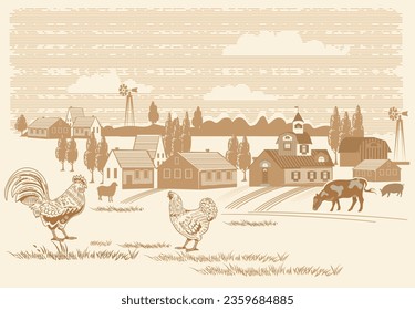 Farm Domestic Animals and rural landscape

