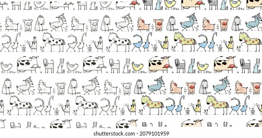 Farm domestic animals seamless pattern wallpaper. Hand drawn outline cow, rooster, goat, pig and goose in the field. Funny simple animals for kids. Vector hand drawn illustration.
