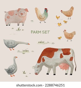 Farm domestic animals set, ranch, village, countryside, barnyard, cow, pig, piggy, geese, goose, chickens, hens, chicks, rooster, cock, grass, grazing. Natural product. Watercolor vector illustration.