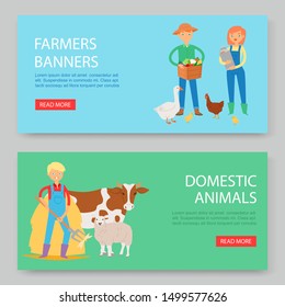 Farm and domestic animals vector illustration. Farming business two banners set. Cartoon male and female farmers with farm animals. Caring and feeding cow, chicken and sheep.