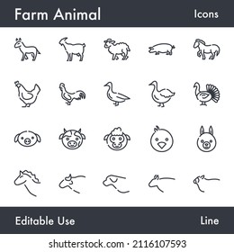 Farm and Domestic Animals vector line icon set. Contains linear outline icons like Cow, Sheep, Horse, Chicken, Bull, Goat, Turkey, Rooster, Goose, Pig, Duck, Dog. Editable use and stroke for Web.