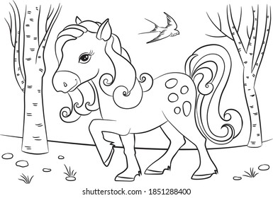 Farm drawing. Horse vector. Foal coloring book. Children's coloring page