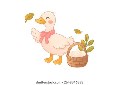 Farm duck with basket of eggs in fall scene