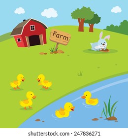 Farm. Ducklings and farmhouse with rabbit digging hole.