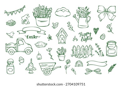Farm easter doodles collection green on white background