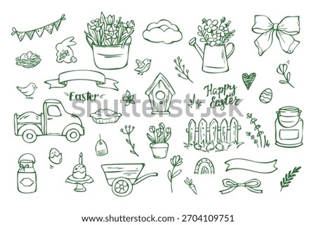 Farm easter doodles collection green on white background