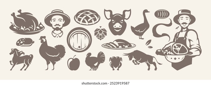 Ilustración plana de Vector de conjunto de iconos retro de panadería y carnicería de producción de alimentos ecológicos agrícolas. Hombre agricultor con carne orgánica ganado aves de corral toro cerdo caballo fruta cosecha salchicha artesanal cerveza pavo silueta