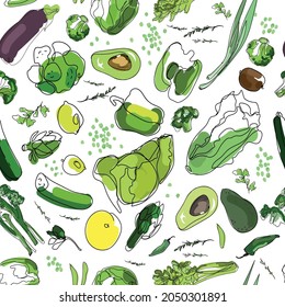 farm eco fresh green vegetables seamless pattern on white background, cut in line art style, vector illustration