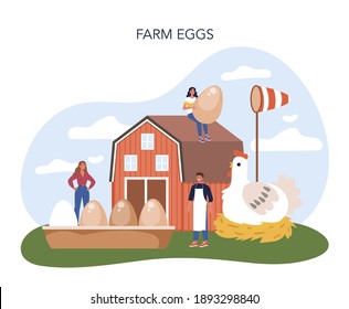 Farm egg concept. Farming food production. Village groceries. Summer countryside view, agriculture concept. Isolated flat illustration