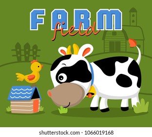 Farm element cartoon with funny cow eat grass, little chicken on cage. Vector cartoon illustration