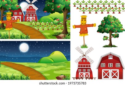Farm element set isolated with farm scence illustration