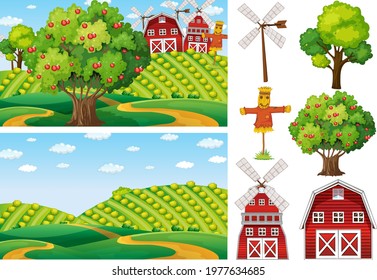 Farm element set isolated with farm scence illustration