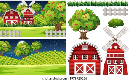 Farm element set isolated with farm scence illustration