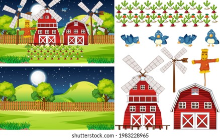 Farm element set isolated with farm scence illustration