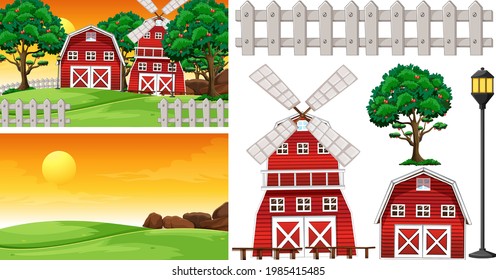 Farm element set isolated with farm scence illustration