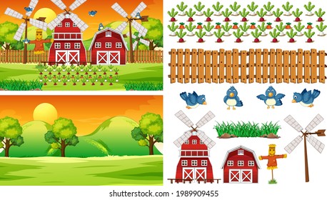 Farm element set isolated with farm scence illustration