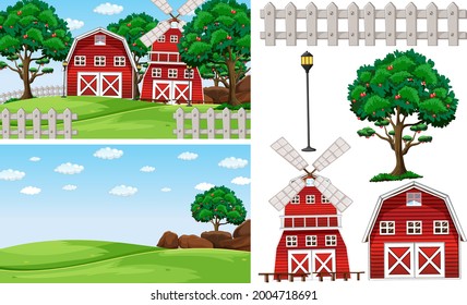 Farm element set isolated with farm scence illustration