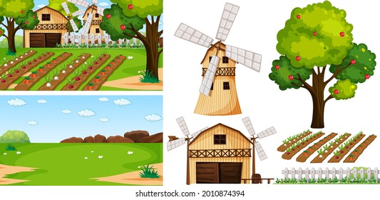 Farm element set isolated with farm scence illustration