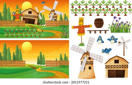 Farm element set isolated with farm scence illustration