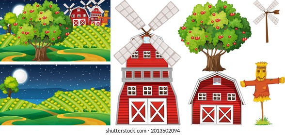 Farm element set isolated with farm scence illustration