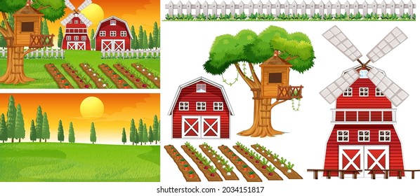 Farm element set isolated with farm scence illustration